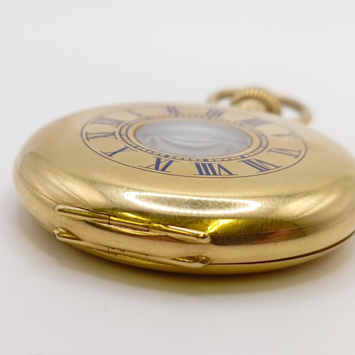 770 - An 18ct gold and blue enamel Elgin half hunter pocket watch, with an enamel dial