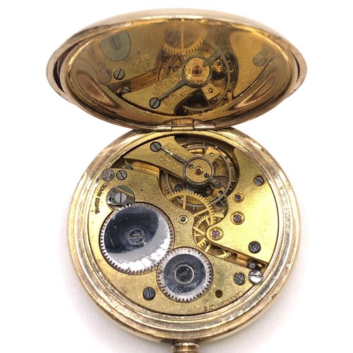 777 - A gold plated full hunter pocket watch, with a gold plated Albert