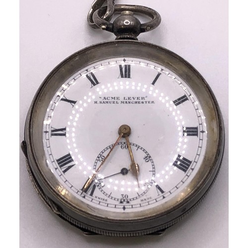 785 - A silver open face pocket watch, and a silver Albert, with a brass T bar