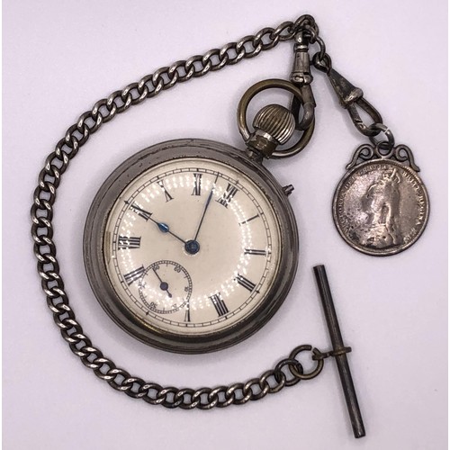 789 - A silver plated open face pocket watch, with a silver Albert and charm