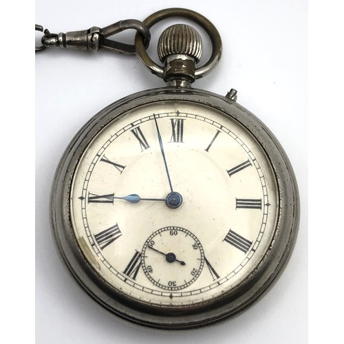 789 - A silver plated open face pocket watch, with a silver Albert and charm