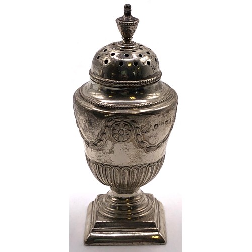 155 - A Victorian silver pepperette, in the form of an Adams style urn, Sheffield 1882, 8.5 cm high, anoth... 