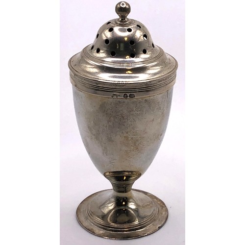 155 - A Victorian silver pepperette, in the form of an Adams style urn, Sheffield 1882, 8.5 cm high, anoth... 