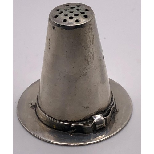 153 - A silver pepperette, in the form of a Welsh hat, marks rubbed, probably 1907, 4 cm high