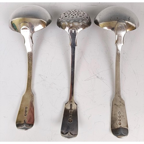 24 - A George III silver ladle, another, and a silver plated ladle (3)