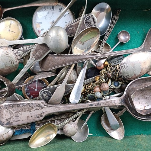 34 - Assorted silver spoons and other items, in an oak box, 5.8 ozt weighable silver