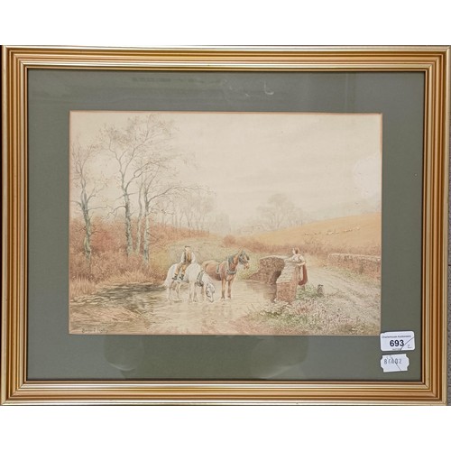 1180 - Bernard Fogerty, two ponies and two figures, watercolour, signed, 26 x 34 cm, and its pair (2)