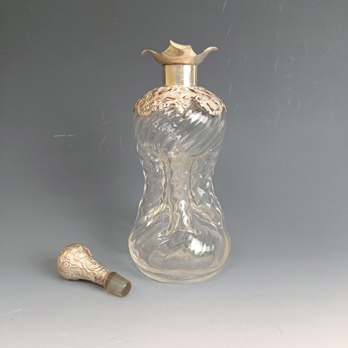 368 - A silver mounted glass decanter and stopper, of hour glass form, marks rubbed, 24.5 cm high