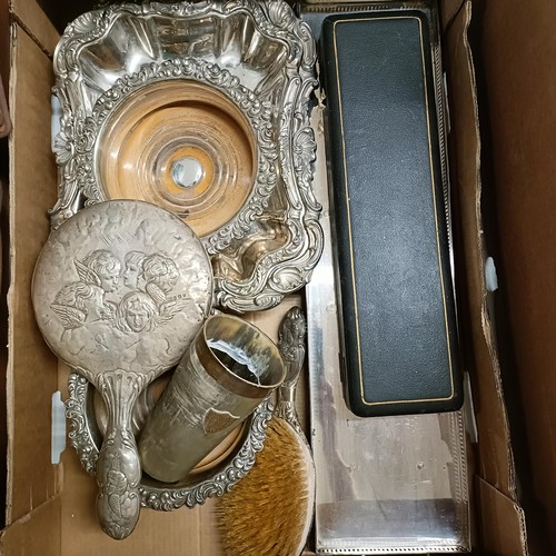 416 - A pair of 19th century silver plated wine coasters, a tureen dish and cover, and other items (box)