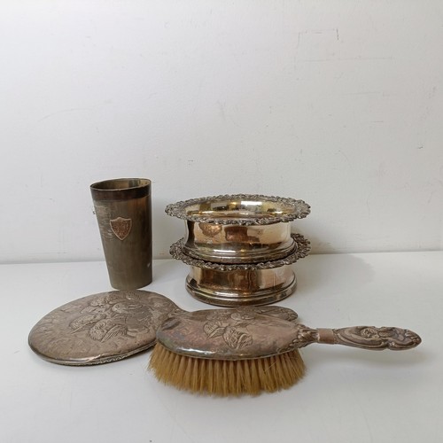 416 - A pair of 19th century silver plated wine coasters, a tureen dish and cover, and other items (box)