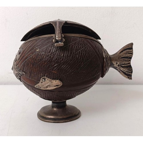 420 - A 19th century novelty box carved from a coconut, in the form of a fish, with silver coloured metal ... 