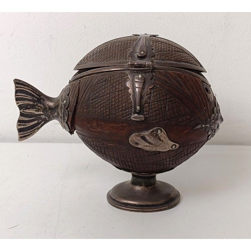 420 - A 19th century novelty box carved from a coconut, in the form of a fish, with silver coloured metal ... 