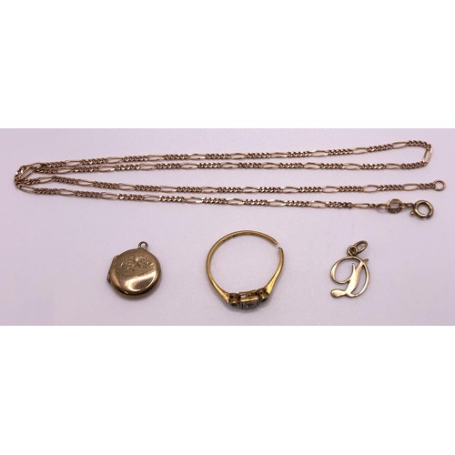 522 - A 9ct gold chain, a charm, a locket and a ring, cut, 6.6 g all in (4)