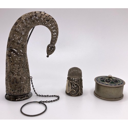 691 - A silver coloured metal filigree posy holder, a thimble, a pill box, and four mustard spoons