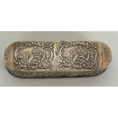 351 - A late 19th century silver coloured metal tobacco box and cover, with embossed decoration, 16.5 cm w... 