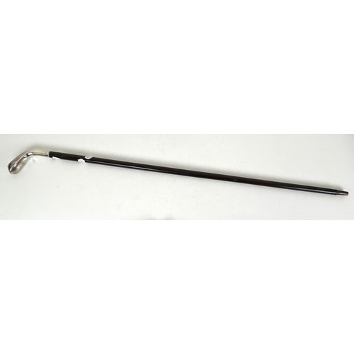 425 - A novelty walking stick, the silver coloured metal handle in the form a golf club, 92 cm