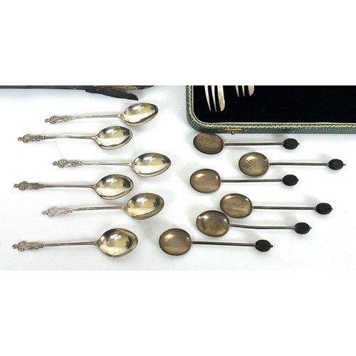 434 - A set of six Art Deco silver cake forks, cased, a fork, spoon and napkin ring, cased, a set of six A... 