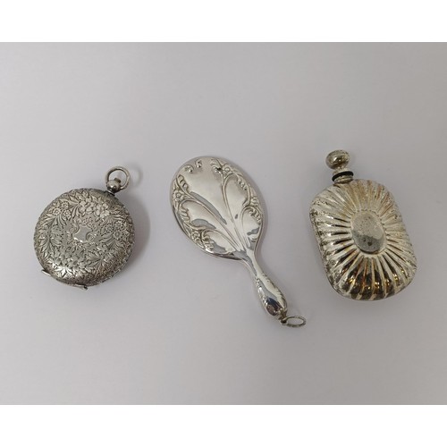 315 - A silver perfume bottle, a miniature hand mirror, and a ladies open face pocket watch (3)