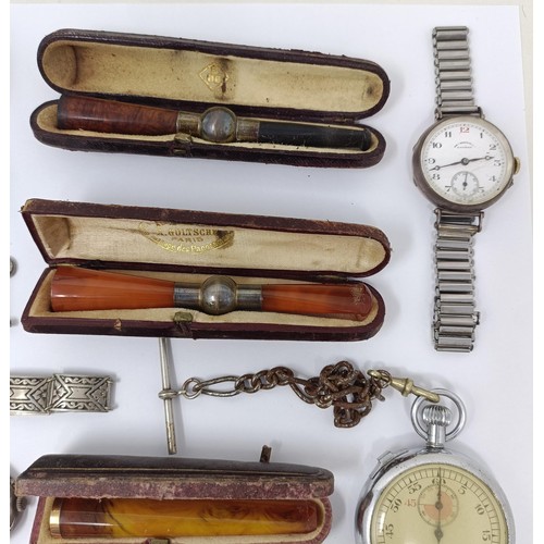 349 - A gentleman's stainless steel Longines wristwatch, other watches, cheroot holders and items