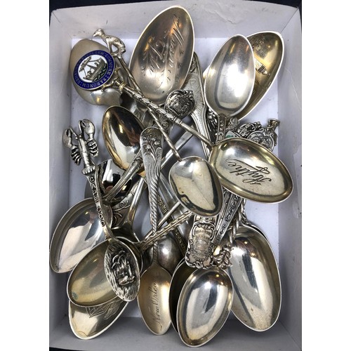 83 - Assorted silver coloured metal and other travel/commemorative spoons, some with enamel decoration