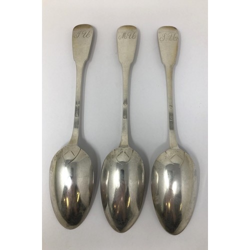 99 - A set of three silver coloured metal tablespoons, initialled