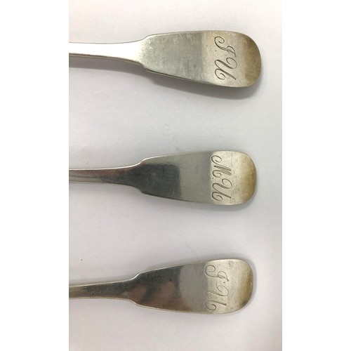 99 - A set of three silver coloured metal tablespoons, initialled