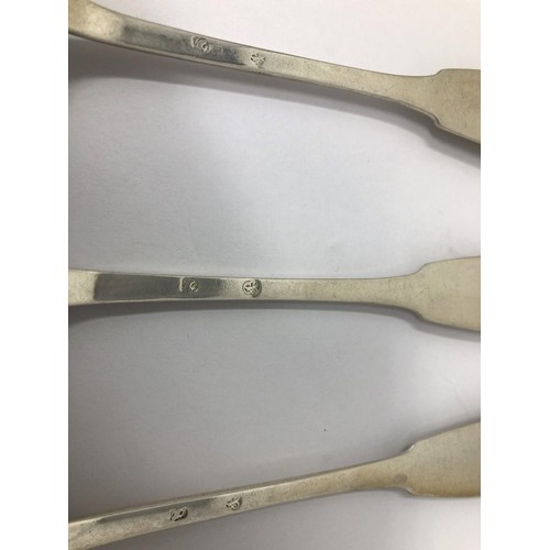 99 - A set of three silver coloured metal tablespoons, initialled