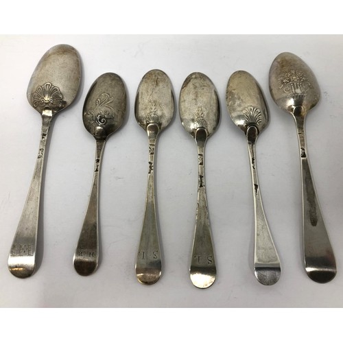 108 - Six 18th century silver picture/shell back teaspoons, various dates and makers, 1.6 ozt