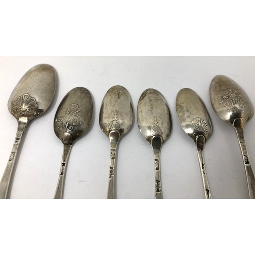 108 - Six 18th century silver picture/shell back teaspoons, various dates and makers, 1.6 ozt