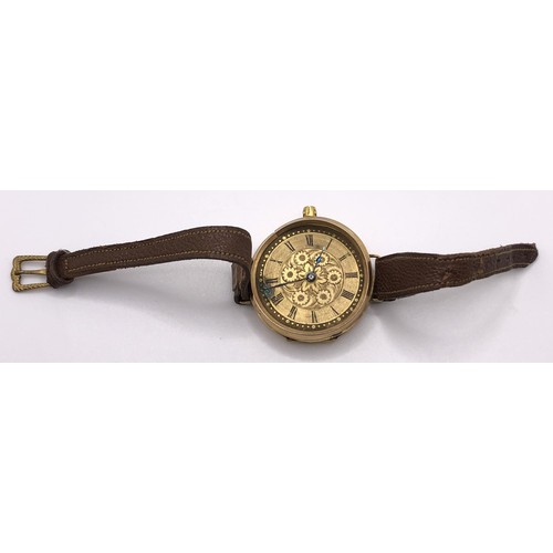 766 - A 9ct gold wristwatch, with Roman numerals, on a leather strap, in a later box, adapted from a fob w... 