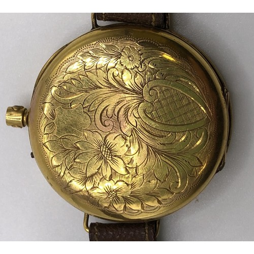 766 - A 9ct gold wristwatch, with Roman numerals, on a leather strap, in a later box, adapted from a fob w... 