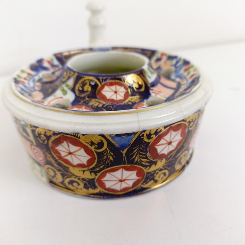 1020 - A Crown Derby inkwell, 5 cm high x 14 cm wide, another 5 cm high x 7 cm wide, and a holder (3)