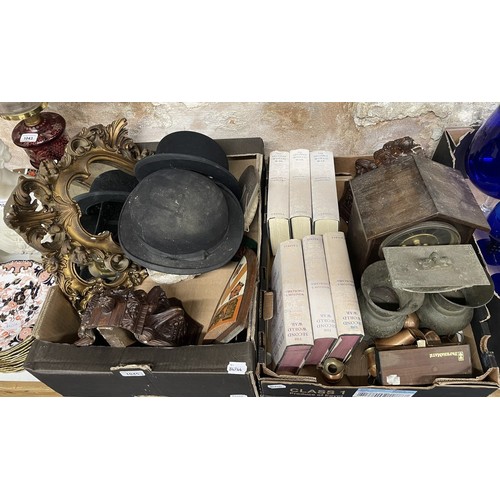 1045 - A pair of plaster wall mouldings, assorted bowler hats, and other items (2 boxes)