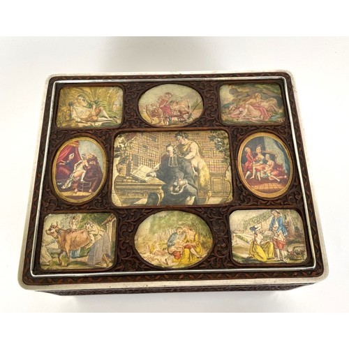 1060 - An Eastern carved wood box, the top inset with prints, with silver coloured metal mounts, 23 cm wide