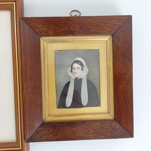 1067 - A Victorian portrait of a lady, watercolour on card, 9 x 7 cm, in a rosewood and giltwood frame, 18 ... 