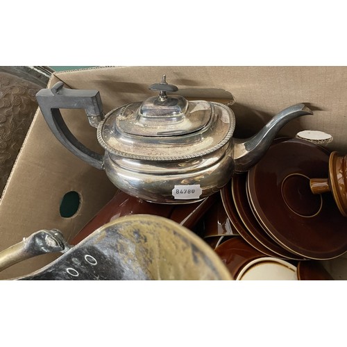 1103 - A copper coal bucket, a silver plated teapot, assorted metalwares and a set of books (3 boxes)