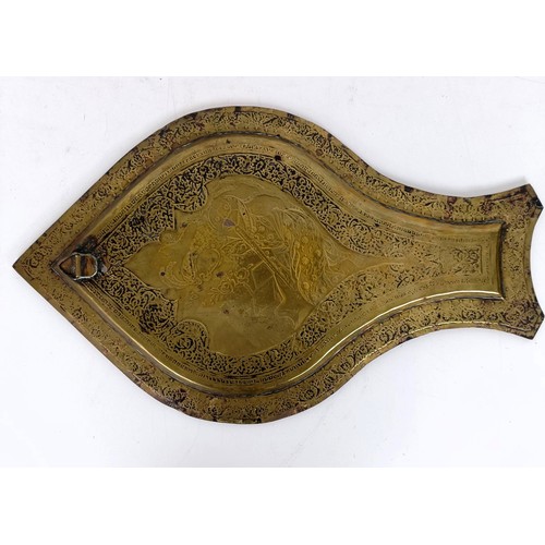 1078 - A Persian brass tray, engraved figure, 44 cm wide