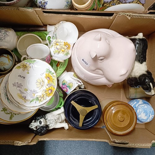 1127 - A novelty biscuit barrel in the form of a pink hippo, and assorted other ceramics (2 boxes)