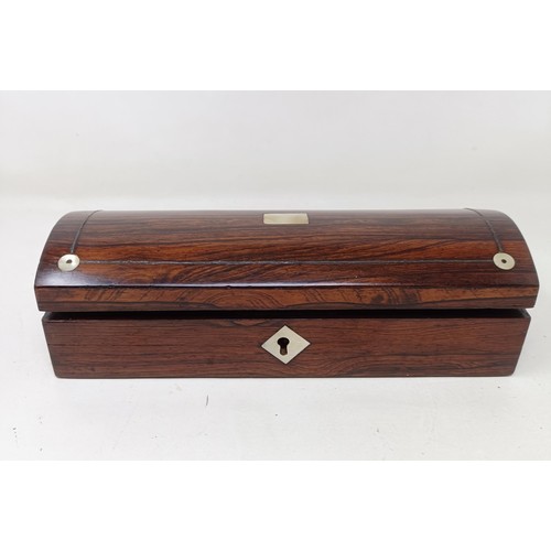 1129 - Assorted fountain and other pens, in a Victorian rosewood glove box, 24 cm wide