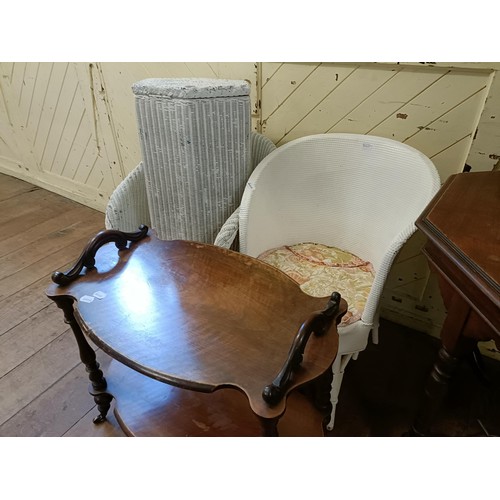 1256 - A walnut lamp table, 75 cm wide, a trolley, a side table, two Lloyd Loom style chairs, and a bin (6)