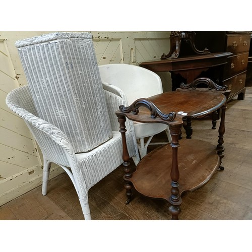 1256 - A walnut lamp table, 75 cm wide, a trolley, a side table, two Lloyd Loom style chairs, and a bin (6)