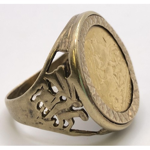 818 - A 9ct gold, and half sovereign signet ring, 1982