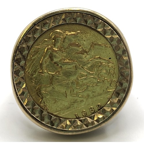 818 - A 9ct gold, and half sovereign signet ring, 1982