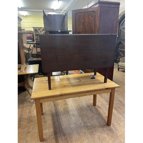 1301 - A mahogany side table, 19 cm wide, a walnut sideboard, lacking base and top, a pine table and four c... 