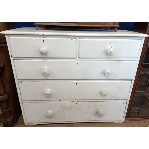 1306 - A painted chest, having two short and three long drawers, 110 cm wide, a walnut wall cabinet, missin... 