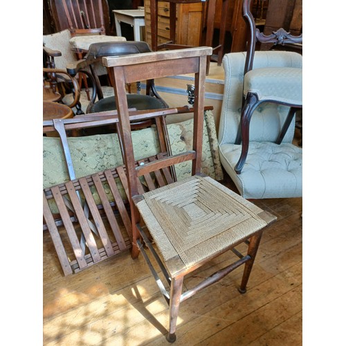 1384 - A bentwood armchair, other chairs, and a trunk (qty)