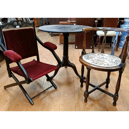 1311 - A wine table, on a tripod base, a folding chair and a tub chair (3)