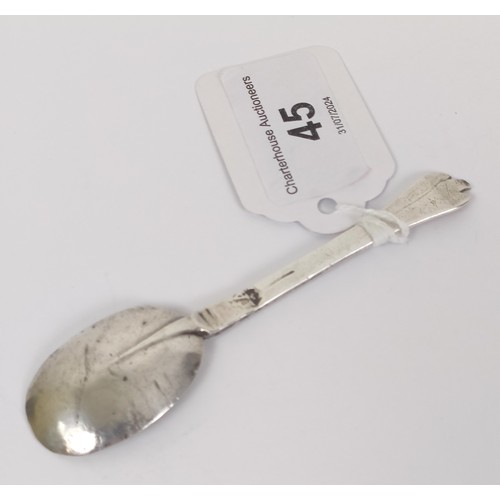 45 - A rare late 17th century silver trefid condiment spoon, Thomas Allen, 0.3 ozt, 9.5 cm