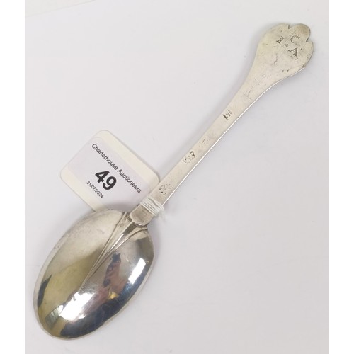 49 - A Charles II silver trefid spoon, initialled, Lawrence Coles, London 1684, 1.3 ozt, 19 cm