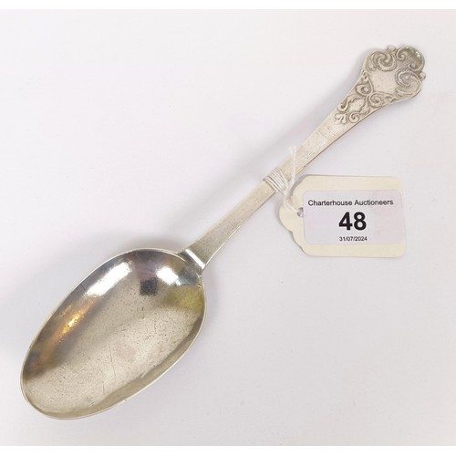 48 - A rare late 17th century lace back trefid silver spoon, initialled and dated 1705, IH crowned makers... 